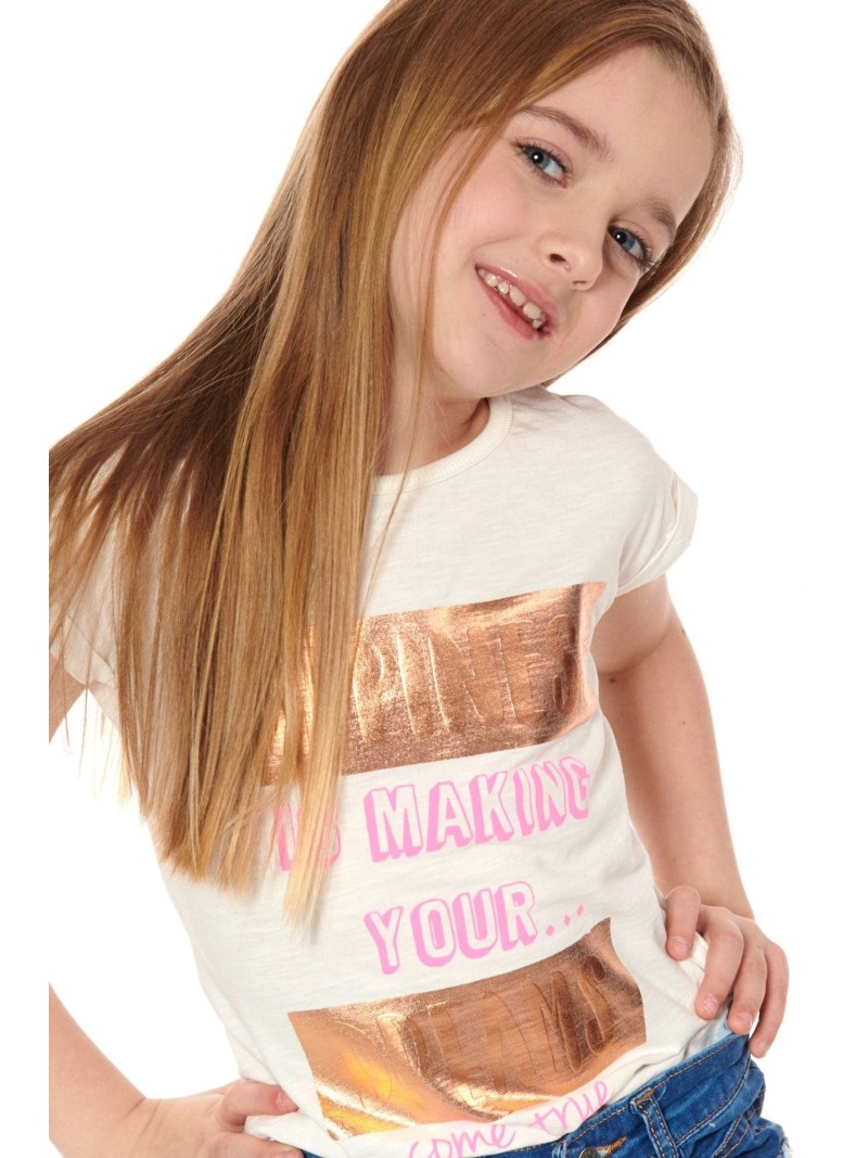 Girls\' T-shirt with inscriptions, cream, NDZ8194 - Online store - Boutique